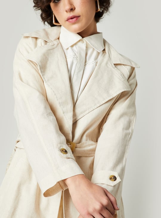 Women Solid Trench Coat with Belt