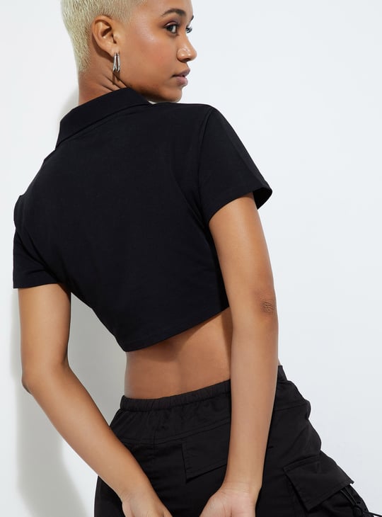 URB_N Women Solid Cropped Polo T-shirt