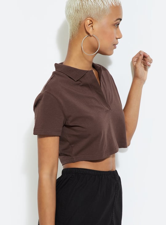 URB_N Women Solid Cropped Polo T-shirt