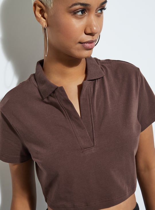 URB_N Women Solid Cropped Polo T-shirt