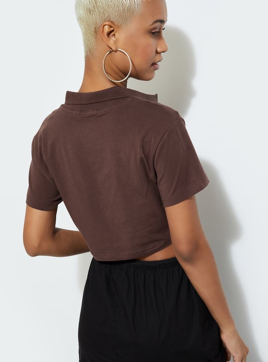 URB_N Women Solid Cropped Polo T-shirt