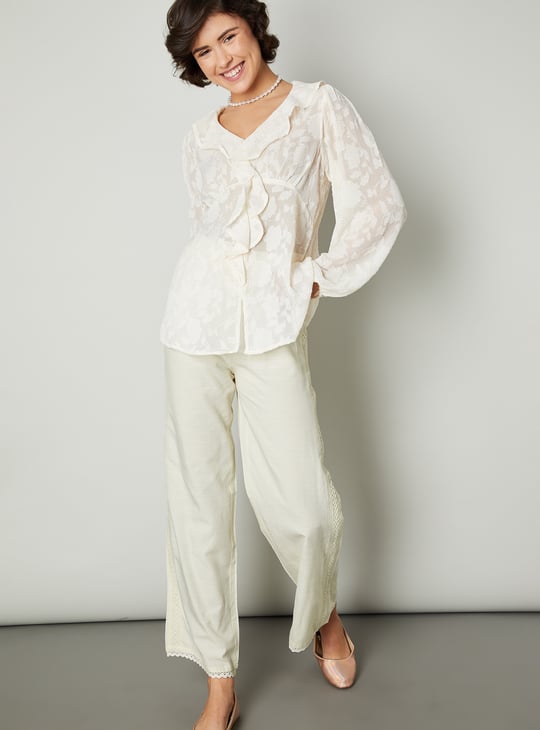 Women Lace Inset Wide Leg Trousers