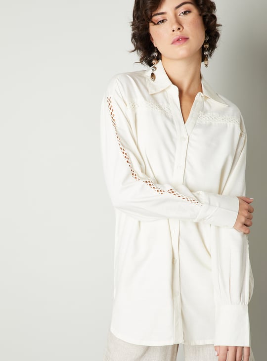 Women Oversized Lace Insert Shirt