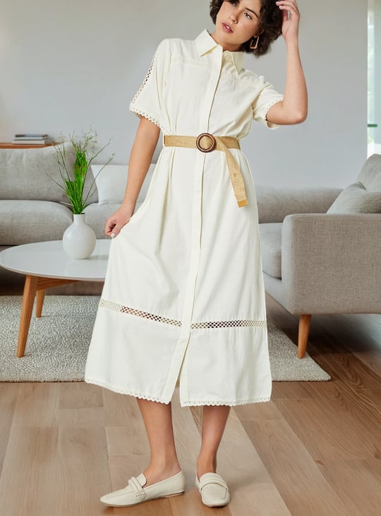 Women Solid Belted Shirt Dress