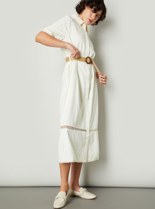 Women Solid Belted Shirt Dress