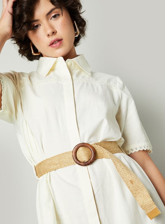 Women Solid Belted Shirt Dress