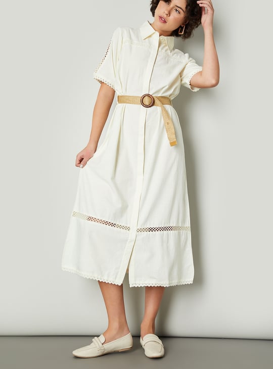 Women Solid Belted Shirt Dress
