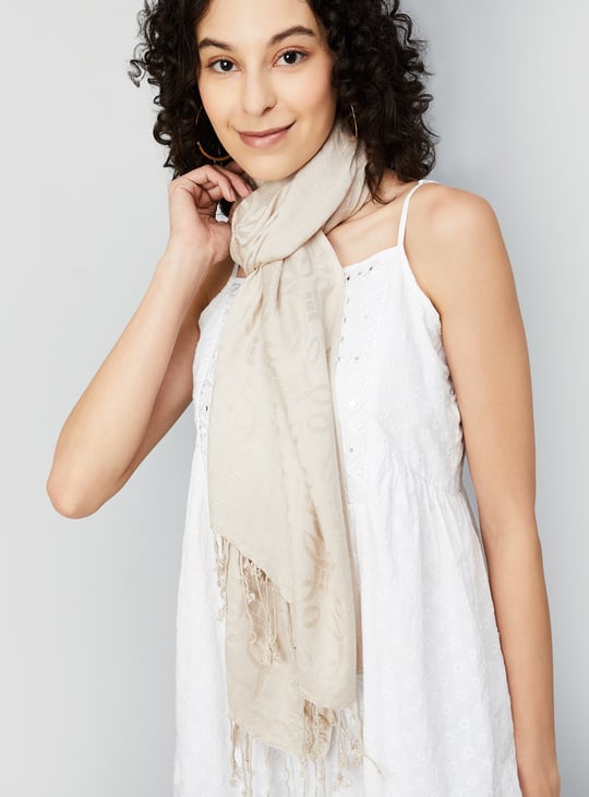Women Jacquard Scarf with Tassel Trim