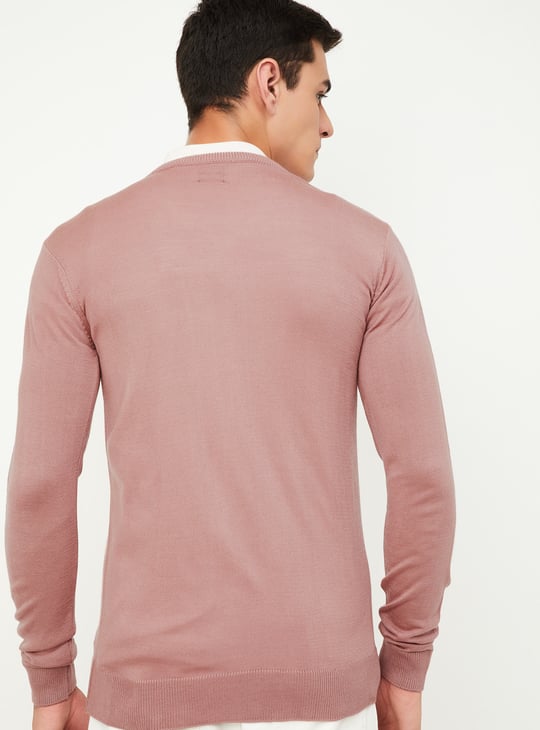 Men Solid V-Neck Sweater Pink V-Neck
