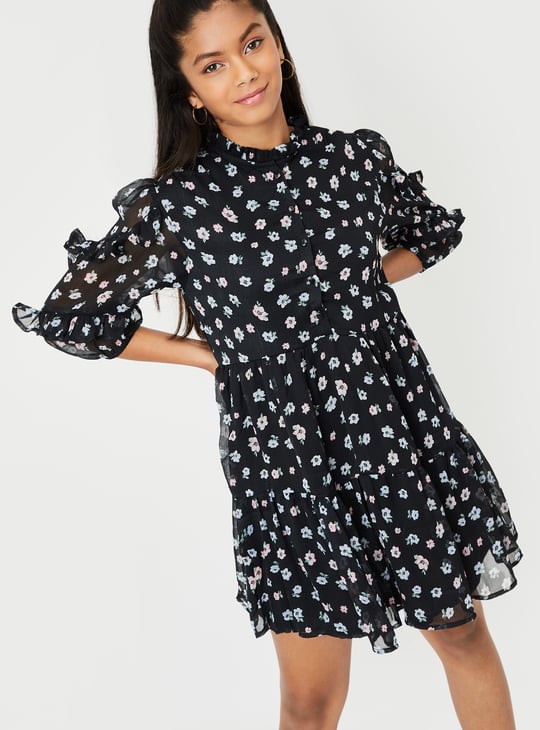 Girls Floral Print Tiered Dress