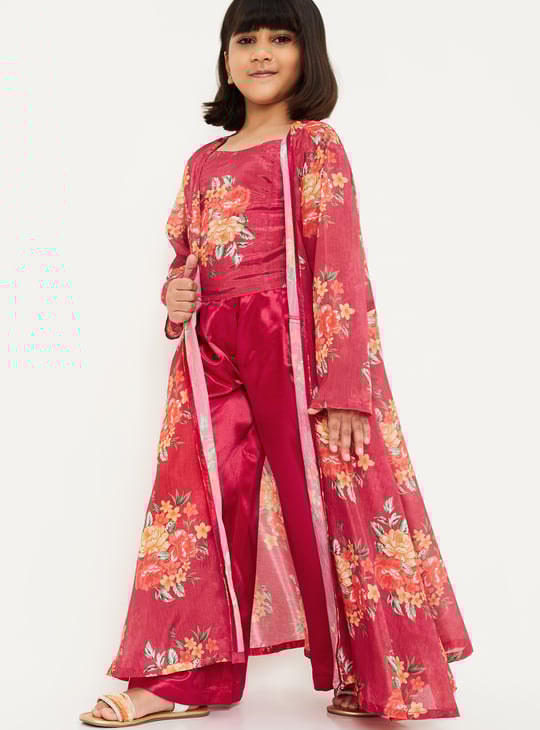 Girls Printed Top with Palazzos and Shrug Printed