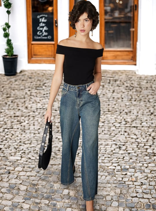 Shoulder Ladies Jeans Top New Fashion Women Ribbed Off-Shoulder Top