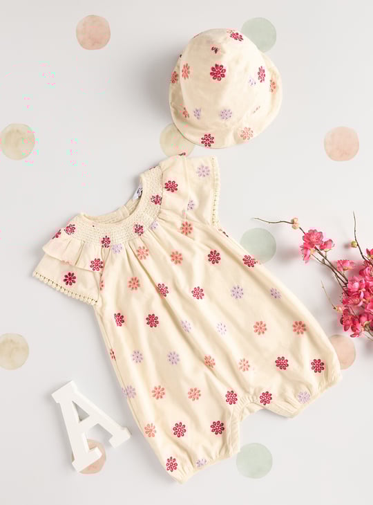 Girls Embroidered Romper with Cap