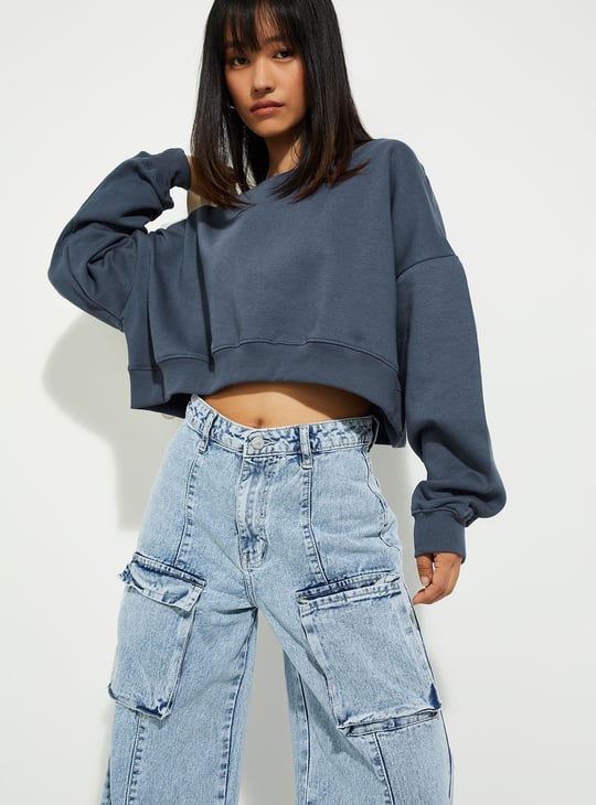 URB_N Women Solid Boxy Cropped Sweatshirt