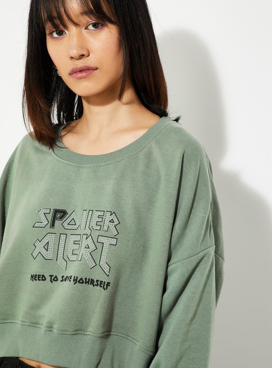 URB_N Women Printed Boxy Cropped Sweatshirt