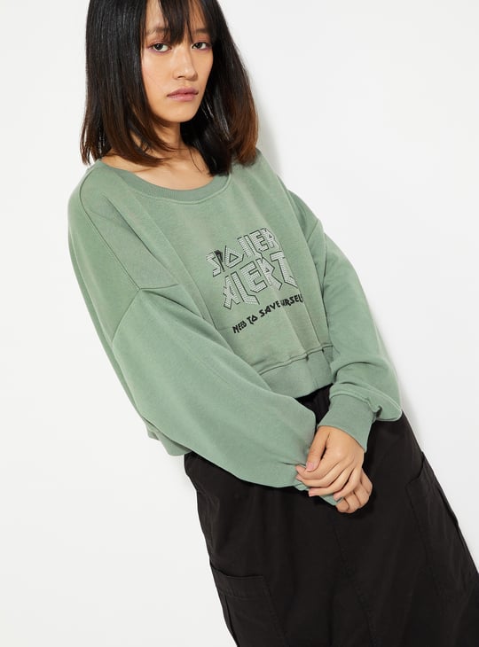 URB_N Women Printed Boxy Cropped Sweatshirt