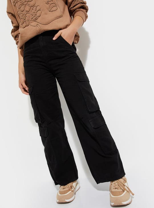 URB_N Women Relaxed Fit Solid Cargo Trousers | Black | Solid
