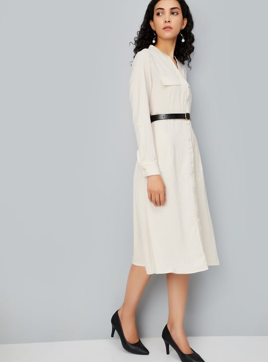 Women Solid Belted Shirt Dress