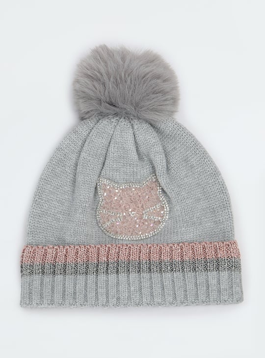 Girls Embellished Beanie with Pom Pom