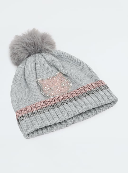 Girls Embellished Beanie with Pom Pom