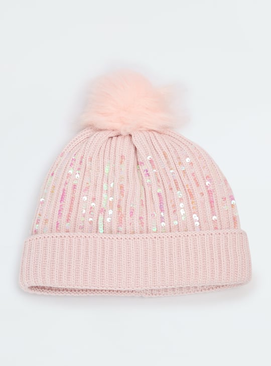 Girls Embellished Beanie with Pom Pom