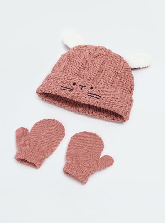 Girls Knitted Beanie Mitten Set Pink
