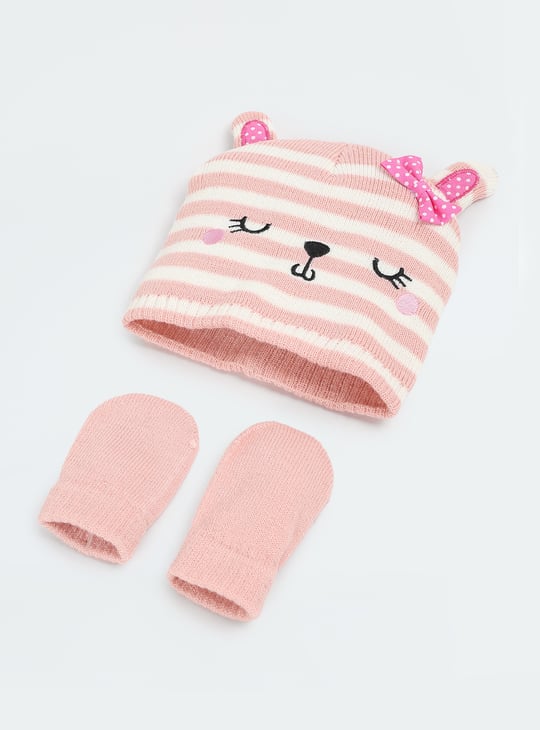 Girls Striped Beanie & Mitten Set