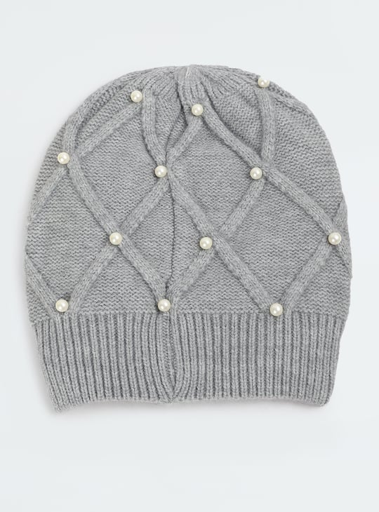 Women Pearl Embellished Beanie | Grey | Embellished display picture 3