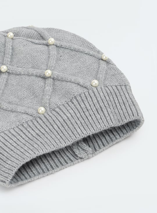 Tory Burch Gray Pearl-Embellished Knit Beanie tory-burch-ribbed-knit-  main image 2