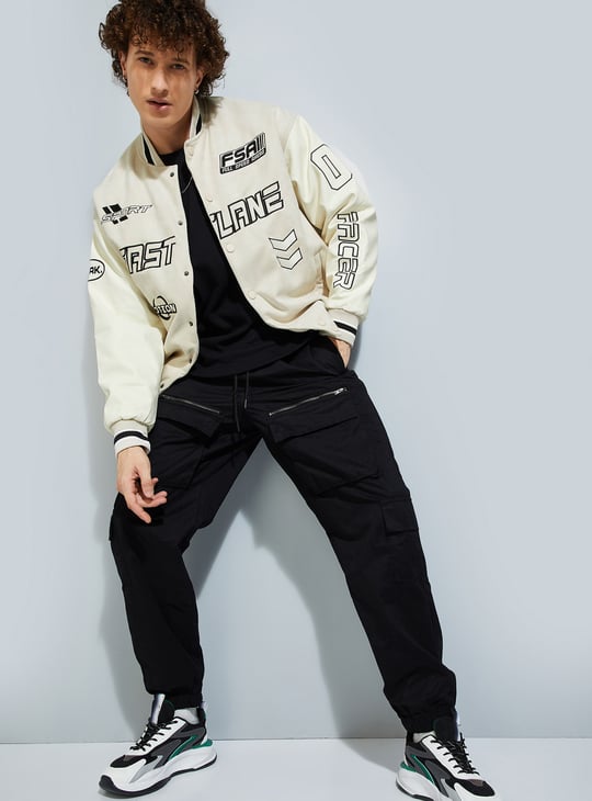 URB_N Men Printed Varsity Jacket | Beige | Varsity