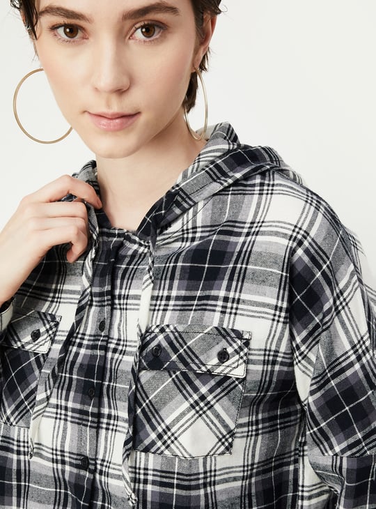 Women Checked Hooded Crop Shirt