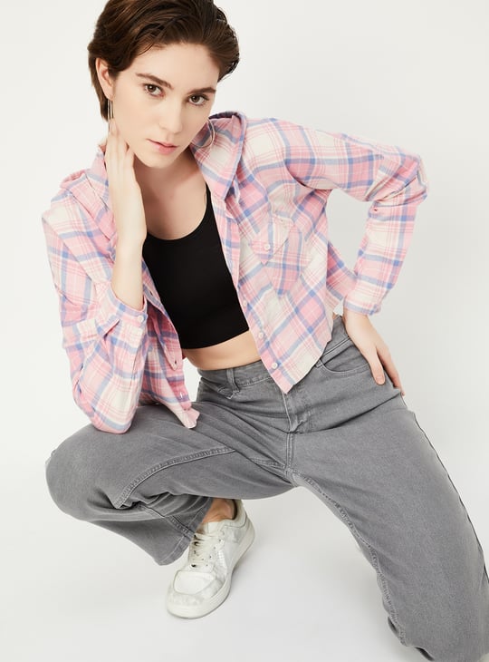 Women Checked Hooded Crop Shirt