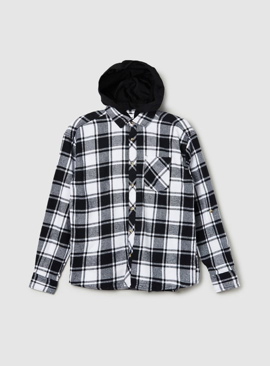 Boys Tartan Checked Hooded Shirt