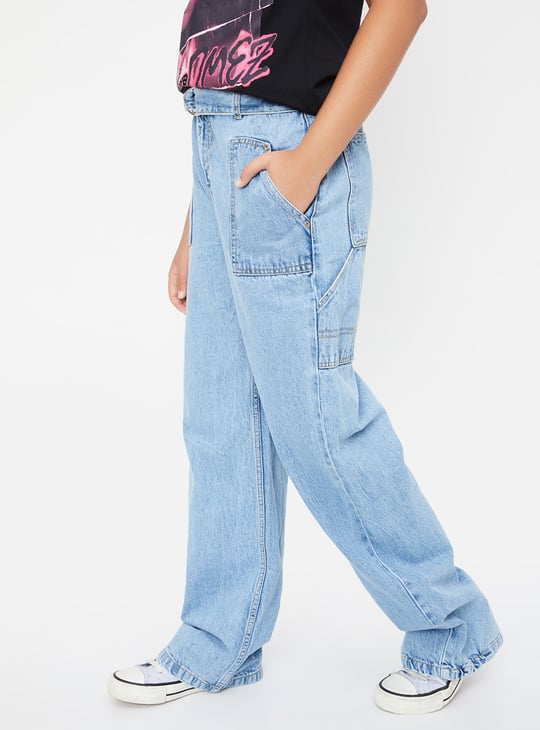 Girls Rinsed Belted Wide Leg Jeans