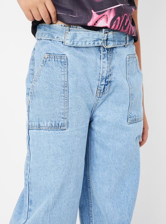 Girls Rinsed Belted Wide Leg Jeans