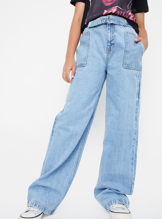 Girls Rinsed Belted Wide Leg Jeans