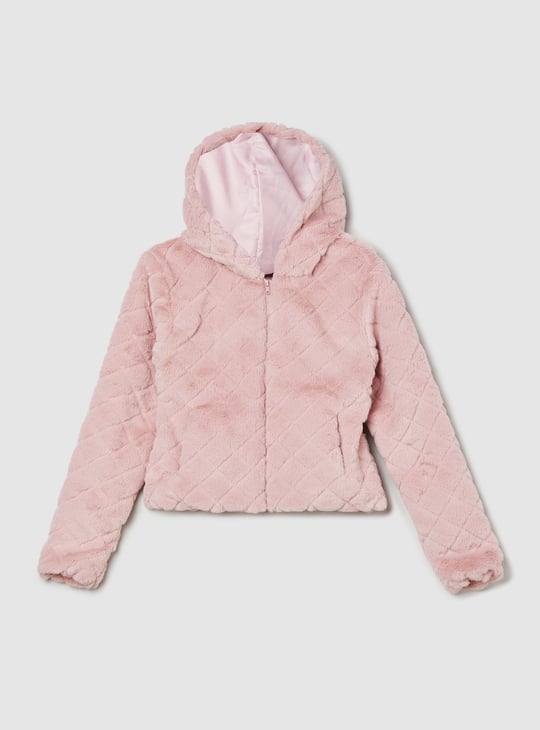 Girls Faux Fur Hooded Jacket Pink Textured