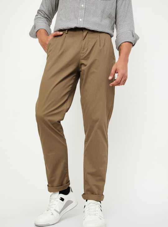 Men Straight Fit Solid Flexi Waist Chinos