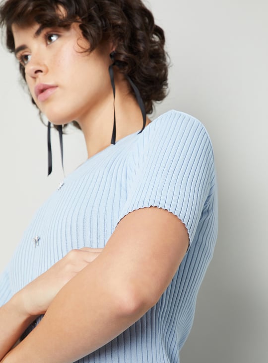 Women Ribbed Top with Bow Details | Blue | Embellished