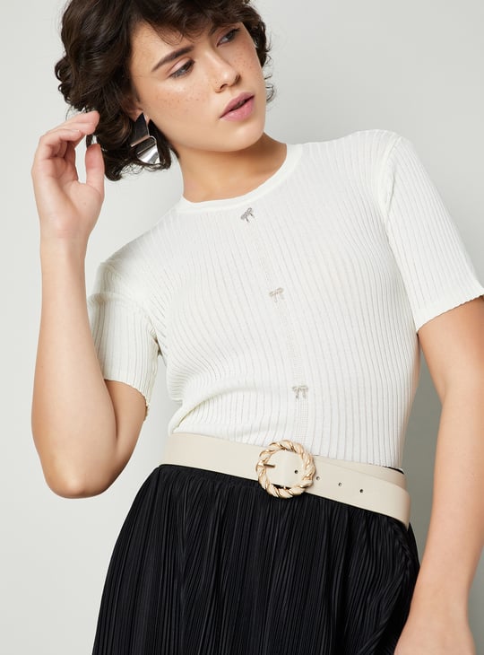 Women Ribbed Top with Bow Details