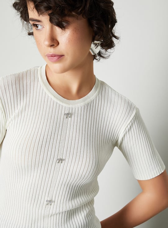 Women Ribbed Top with Bow Details
