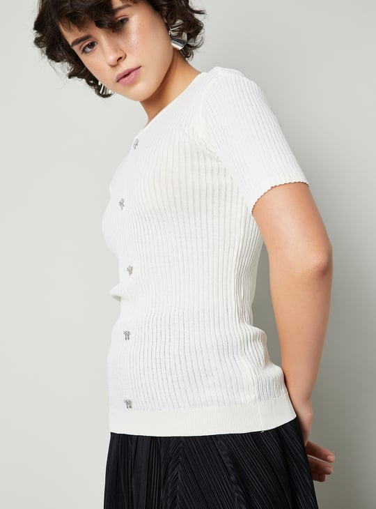 Women Ribbed Top with Bow Details