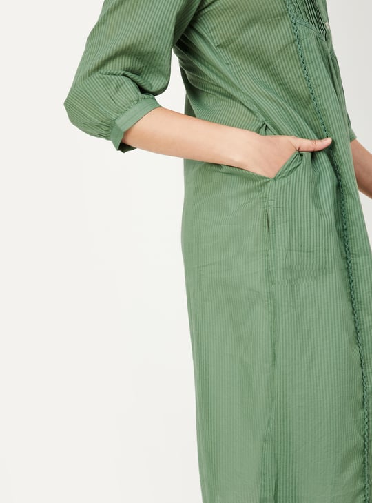 MIMOSA Women's Cotton Straight Kurta - Green & White Stripes, Round Neck, Three-Quarter Sleeves