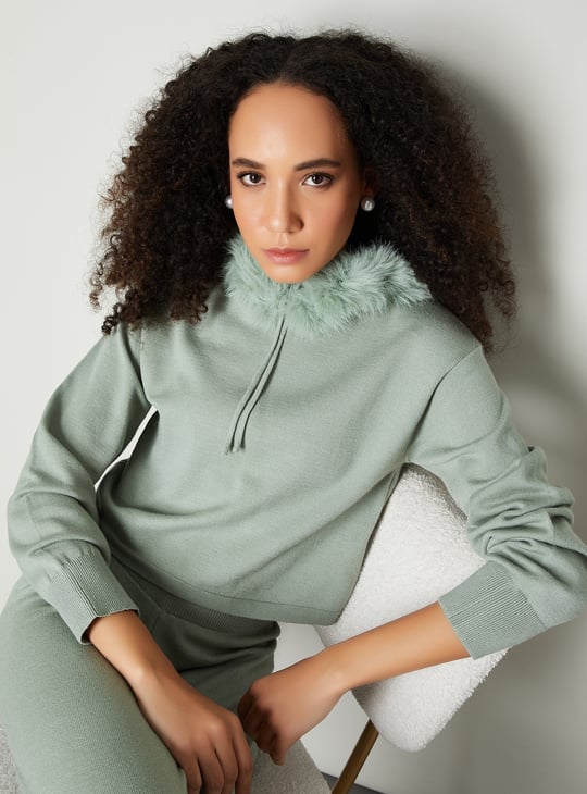 Women Fur Trim Hooded Sweater