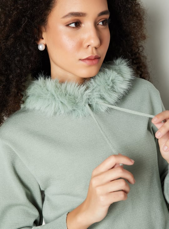 Women Fur Trim Hooded Sweater