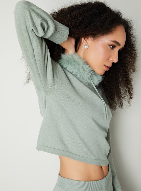 Women Fur Trim Hooded Sweater