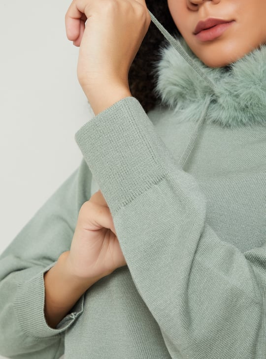 Women Fur Trim Hooded Sweater