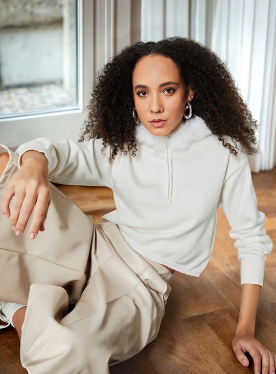 Women Fur Trim Hooded Sweater