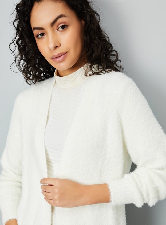 Women Knitted Open Front Cardigan Beige Textured