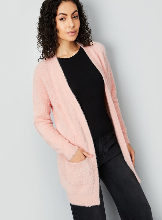 Women Knitted Open Front Cardigan Pink Textured